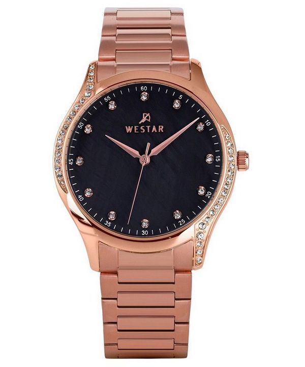 Westar Zing Crystal Accents Rose Gold Tone Stainless Steel Black Mother Of Pearl Dial Quartz 00127PPN613 Women's Watch