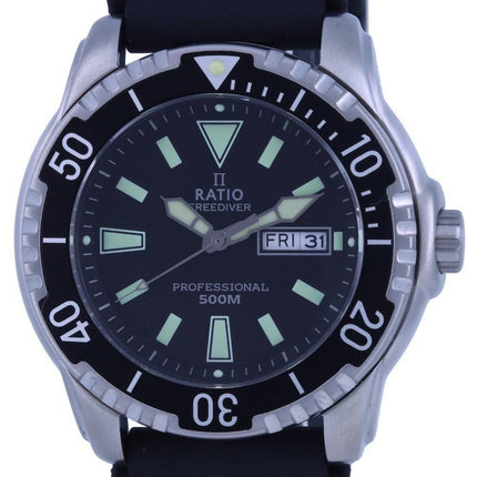 Ratio FreeDiver Black Dial PU Strap Quartz 48HA90-12-BLK 500M Mens Watch