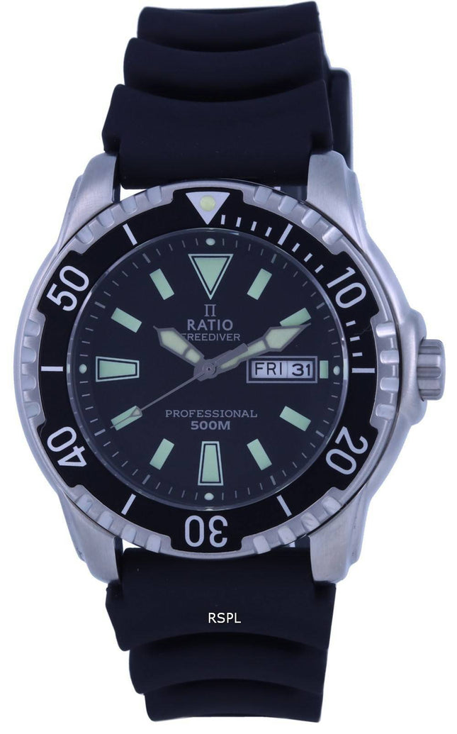 Ratio FreeDiver Black Dial PU Strap Quartz 48HA90-12-BLK 500M Mens Watch