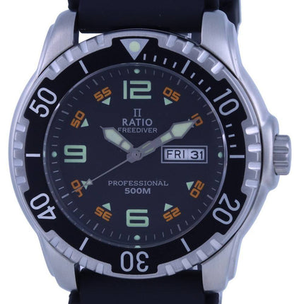 Ratio FreeDiver Black Dial PU Strap Quartz 48HA90-19-BLK 500M Mens Watch