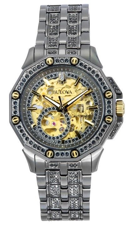 Bulova Octava Crystal Accents Stainless Steel Skeleton Gold Dial Automatic 98A293 Mens Watch