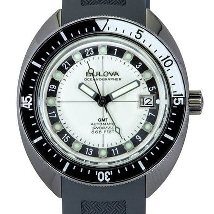 Bulova Oceanographer GMT PU Strap Full Lume White Dial Automatic Devil Divers 98B407 200M Mens Watch