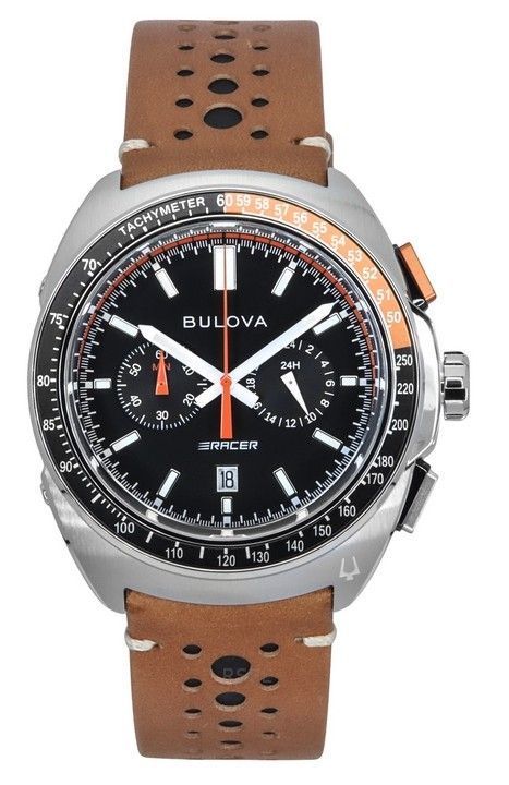 Bulova Racer Chronograph Leather Strap Black Dial Quartz 98B427 100M Mens Watch