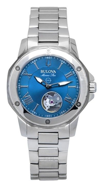 Bulova Marine Star Stainless Steel Open Heart Blue Dial Automatic 98L317 100M Womens Watch