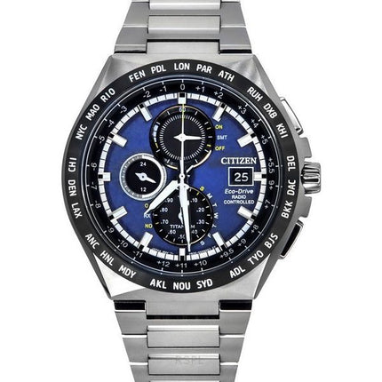 Citizen Eco-Drive Radio Controlled GMT Chronograph Super Titanium Blue Dial AT8238-84L 100M Men's Watch