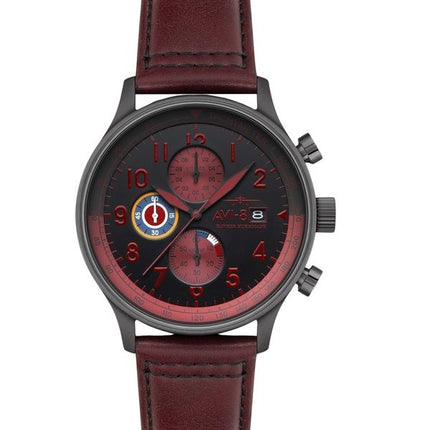 AVI-8 Hawker Hurricane Classic Chronograph Blood Red Leather Strap Black Dial Quartz AV-4011-0S Men's Watch