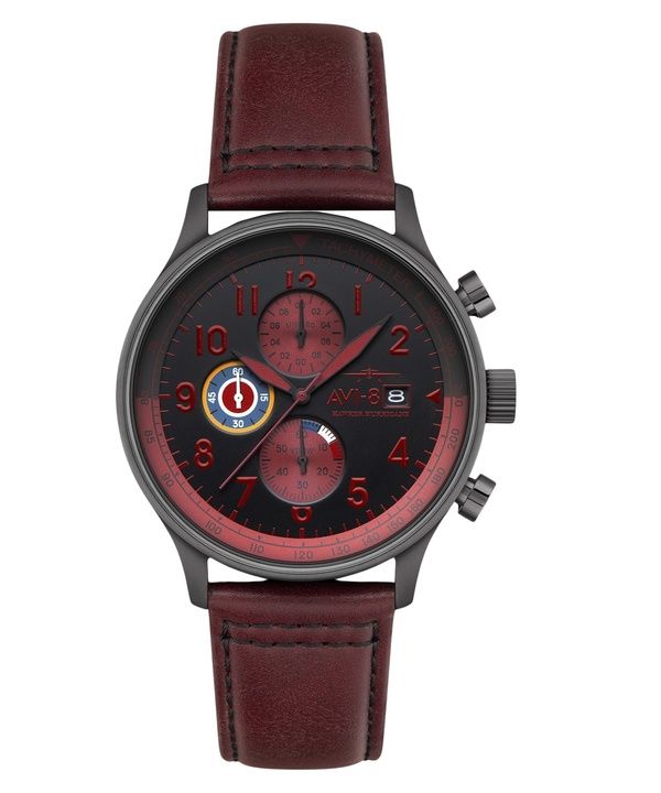 AVI-8 Hawker Hurricane Classic Chronograph Blood Red Leather Strap Black Dial Quartz AV-4011-0S Men's Watch