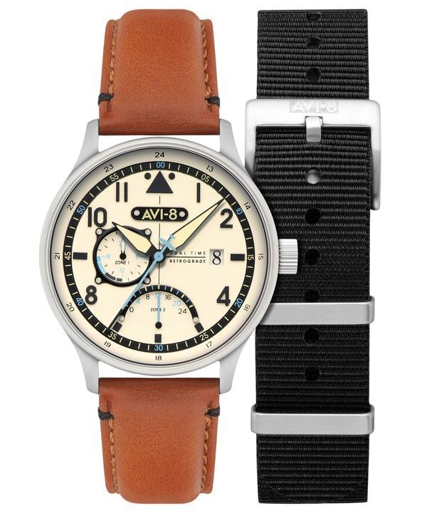 AVI-8 Hawker Hurricane Mckellar Dual Time Brown Beige Leather Strap Cream Dial AV-4101-0C Quartz Men's Watch With Extra Strap