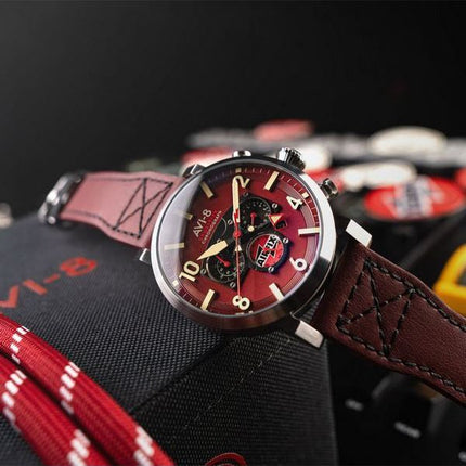 AVI-8 Dambuster Gibson Dual Time Chronograph Airfix Edition Hazard Red Dial Quartz AV-4107-04 Men's Watch