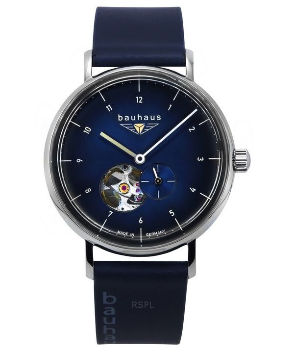 Bauhaus Classic Blue Leather Strap Dark Blue Open Heart Dial Automatic 21663 Men's Watch