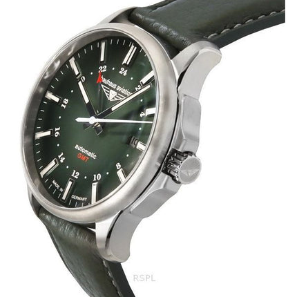 Bauhaus Aviation GMT Green Leather Strap Dark Green Dial Automatic 28684 100M Men's Watch