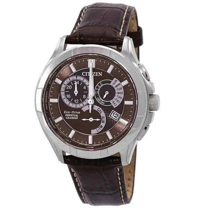 Citizen Eco-Drive Perpetual GMT Leather Strap Brown Dial BL8160-07X 100M Mens Watch