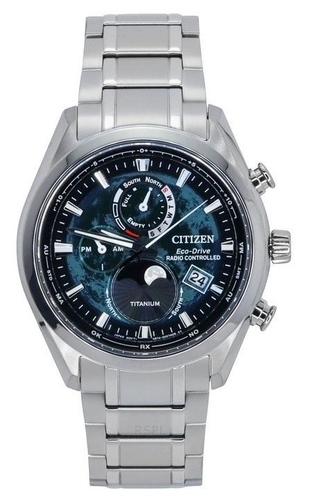 Citizen Radio Controlled Moon Phase Super Titanium Green Dial Eco-Drive BY1010-81X 100M Mens Watch