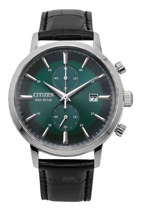 Citizen Eco-Drive Chronograph Leather Strap Green Dial CA7069-24X Mens Watch