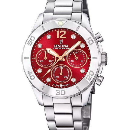 Festina Boyfriend Chronograph Stainless Steel Red Dial Quartz F20603-2 100M Women's Watch