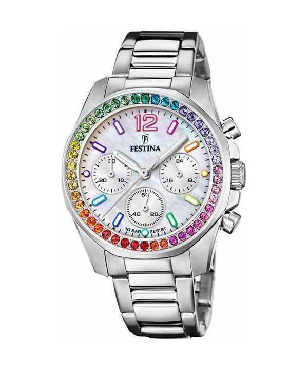 Festina Rainbow Chronograph Stainless Steel Crystal Accents Silver Dial Quartz F20606-2 100M Womens Watch