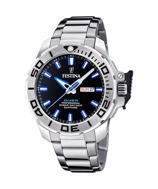 Festina Classics Stainless Steel Black Dial Quartz Diver's F20665-3 200M Men's Watch With Gift Strap