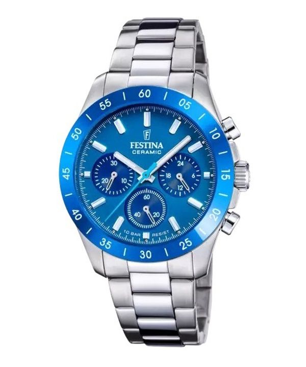 Festina Ceramic Chronograph Stainless Steel Blue Dial Quartz F20693-4 100M Women's Watch