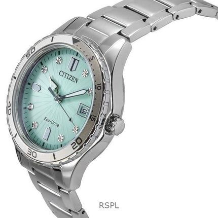 Citizen Marine Eco-Drive Crystal Accents Stainless Steel Green Dial FE6170-88L 100M Women's Watch