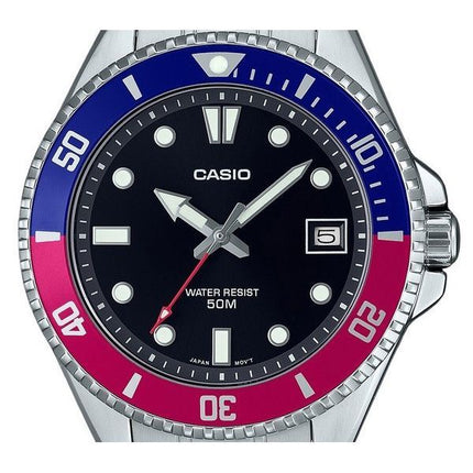 Casio Standard Analog Pepsi Bezel Stainless Steel Black Dial Quartz MDV-10D-1A3 Mens Watch