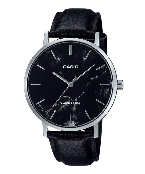 Casio Standard Analog Black Leather Strap Marble Inspired Black Dial Quartz MTP-VT01LM-1A Men's Watch