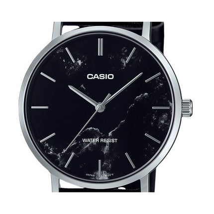 Casio Standard Analog Black Leather Strap Marble Inspired Black Dial Quartz MTP-VT01LM-1A Men's Watch