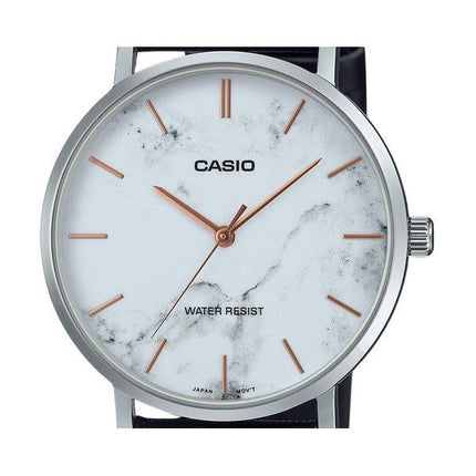 Casio Standard Analog Black Leather Strap Marble Inspired White Dial Quartz MTP-VT01LM-7A Men's Watch