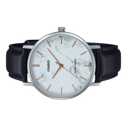 Casio Standard Analog Black Leather Strap Marble Inspired White Dial Quartz MTP-VT01LM-7A Men's Watch