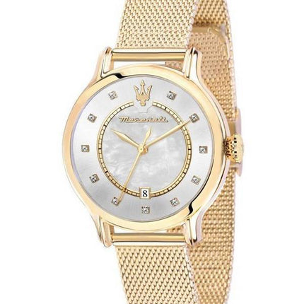 Maserati Epoca Crystal Accents Gold Tone Stainless Steel Mesh Mother Of Pearl Dial Quartz R8853118512 100M Women's Watch