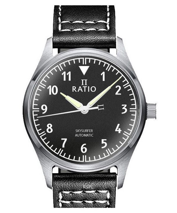 Ratio Skysurfer Pilot Black Textured Dial Leather Automatic RTS303 200M Mens Watch