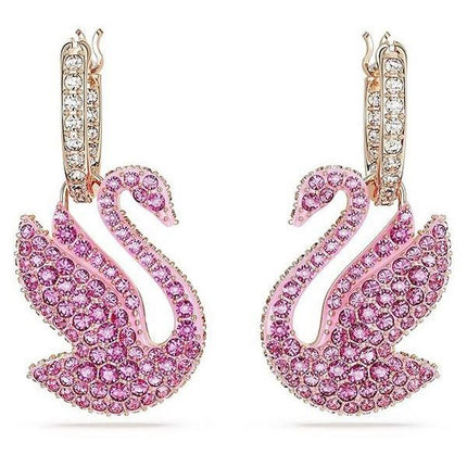 Swarovski Swan Pink Crystals And Rose Gold Tone Plated Drop Earrings 5647544 For Women