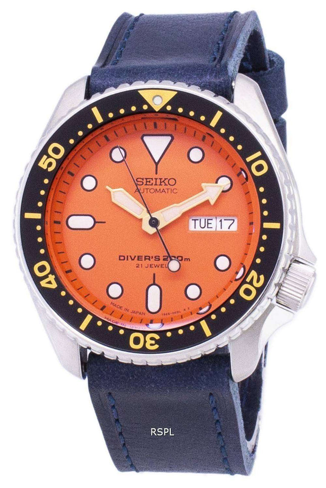 Seiko Automatic SKX011J1-LS13 Diver's 200M Dark Blue Leather Strap Men's Watch