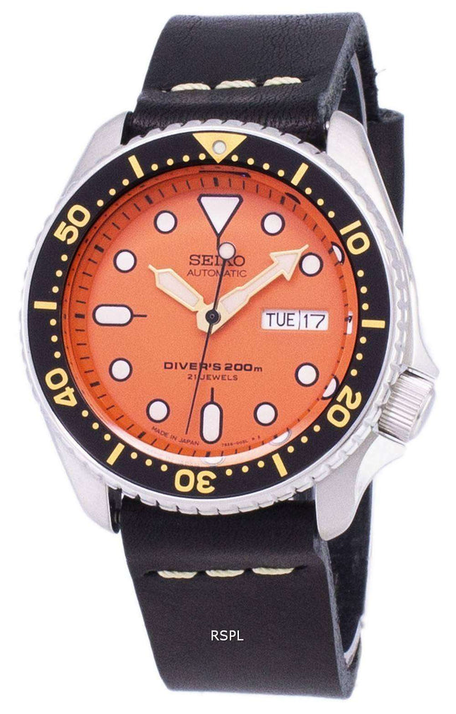 Seiko Automatic SKX011J1-LS14 Diver's 200M Japan Made Black Leather Strap Men's Watch