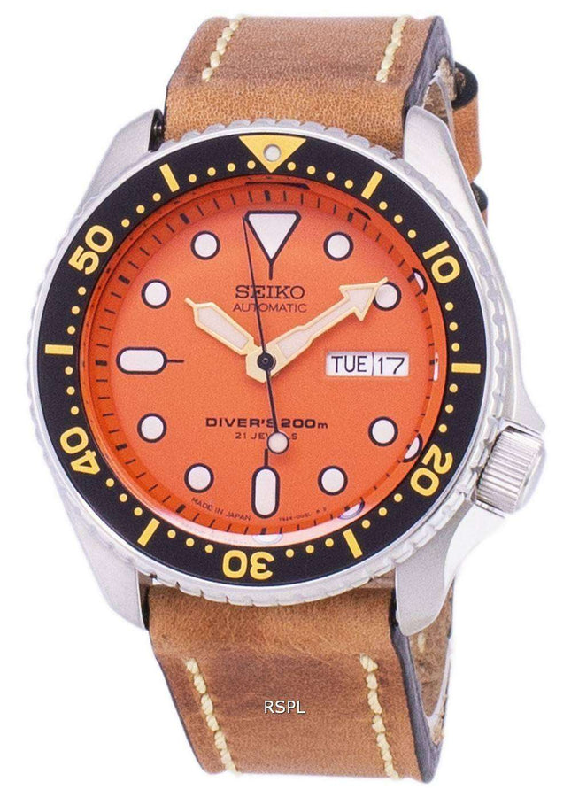 Seiko Automatic SKX011J1-LS17 Diver's 200M Japan Made Brown Leather Strap Men's Watch