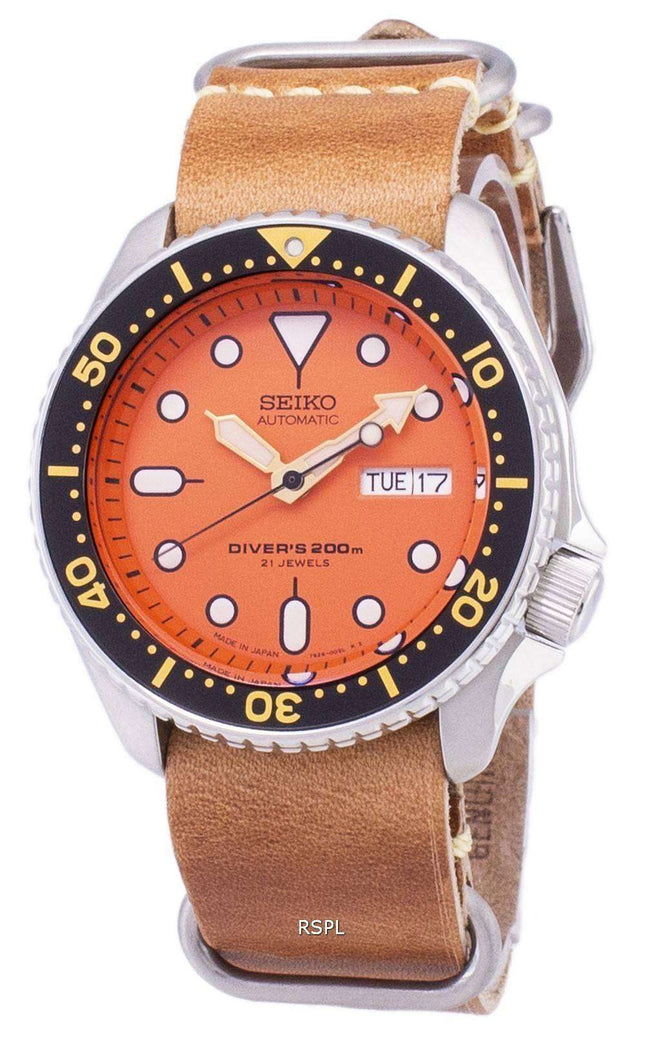 Seiko Automatic SKX011J1-LS18 Diver's 200M Japan Made Brown Leather Strap Men's Watch