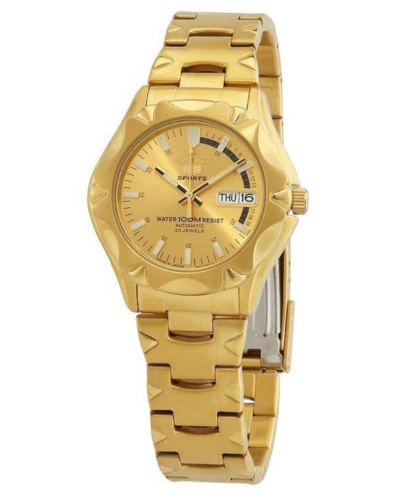 Seiko 5 Sports Gold Tone Stainless Steel Gold Dial 21 Jewels Automatic SNZ450J1 100M Mens Watch