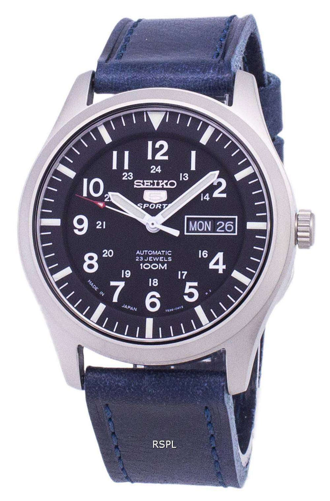 Seiko 5 Sports SNZG15J1-LS13 Japan Made Dark Blue Leather Strap Men's Watch