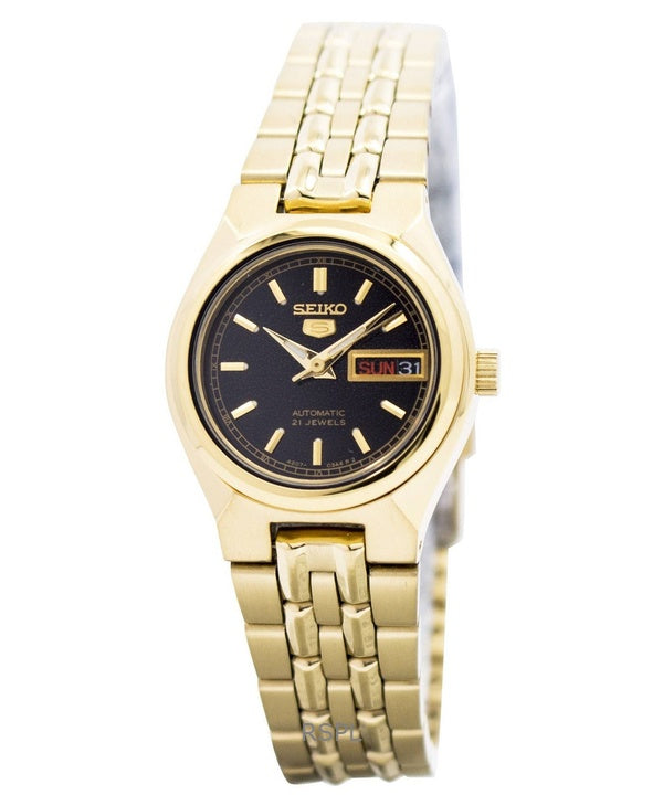 Refurbished Seiko 5 Gold Tone Stainless Steel Black Dial Automatic 21 Jewels SYMA06K1 Women's Watch