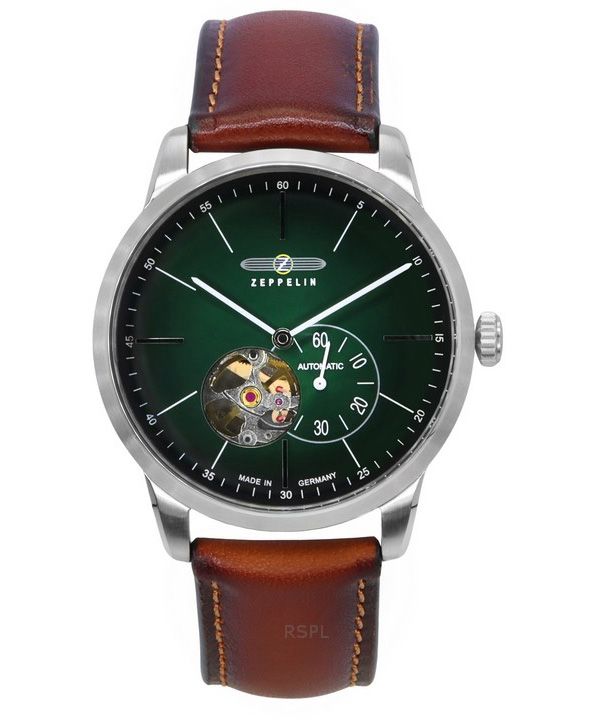 Zeppelin Flatline Leather Strap Green Open Heart Dial Automatic 83644 Men's Watch