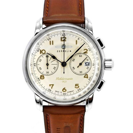 Zeppelin Mediterranee Chronograph Leather Strap Beige Dial Quartz 96705 Men's Watch