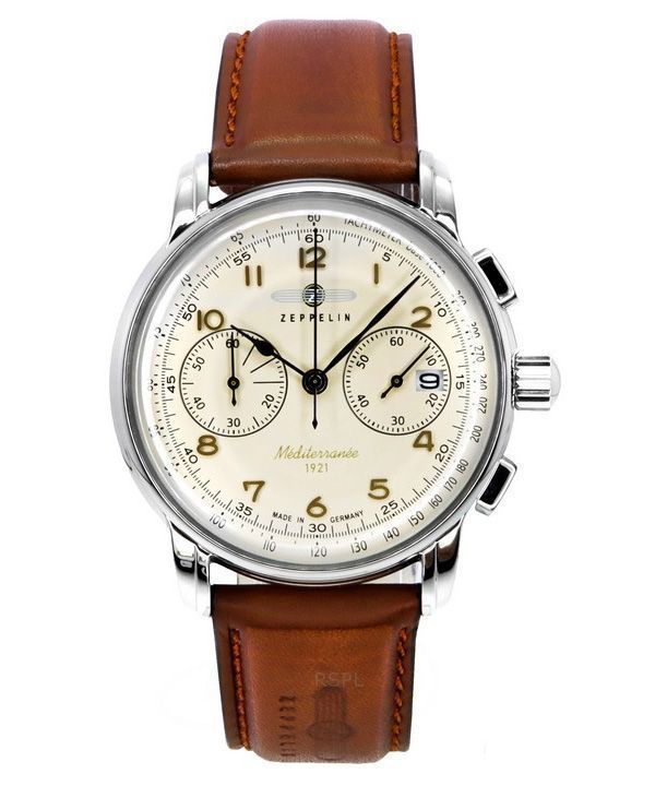 Zeppelin Mediterranee Chronograph Leather Strap Beige Dial Quartz 96705 Men's Watch