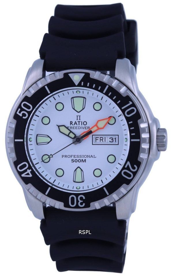 Ratio FreeDiver White Dial PU Strap Quartz 48HA90-02-WHT 500M Mens Watch